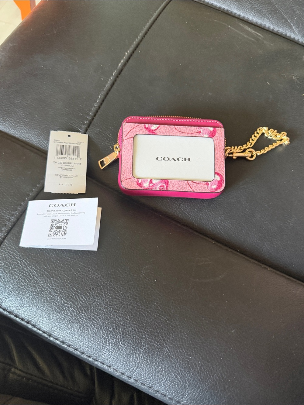 Coach Pink Floral Card Case Wristlet with Gold Chain